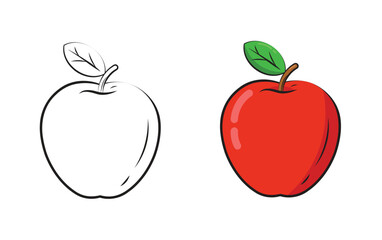 Coloring Book Page. Apple with Outline and Full Color Version. Education and Learning Activity Vector. Red Fruit Illustration for Kids Art.