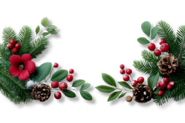 Christmas border with pine branches, cones, holly leaves and red berries on white background
