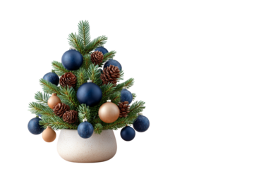 Small decorated Christmas tree in ceramic pot with ornaments and pinecones
