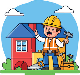 Cartoon construction worker with a hard hat and tools happily building a colorful house.