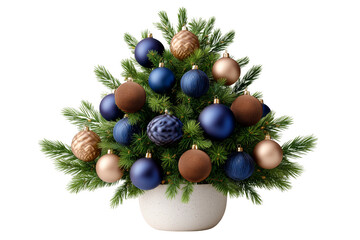 Small decorated Christmas tree in ceramic pot with ornaments and pinecones