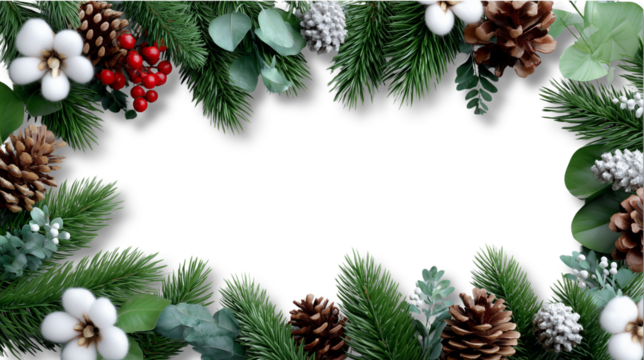 Christmas border with pine branches, cones, holly leaves and red berries on white background - Powered by Adobe