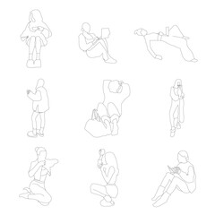 Collection of 9 minimalist vector silhouettes of people in calm, everyday poses - reading books, using smarthones, drinking coffe, and sitting comfortably. Perfect for architectural layouts, creative.