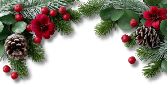 Christmas border with pine branches, cones, holly leaves and red berries on white background