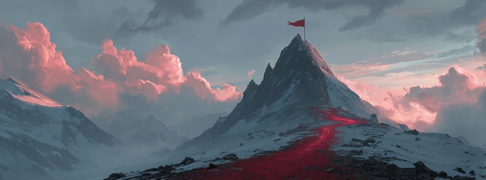 A glowing red trail leading to the top of an alpine mountain peak with a flag an epic view concept art.