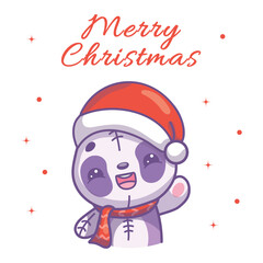 Cute Christmas card with a panda wearing a Santa hat in kawaii style, holiday vector greeting card