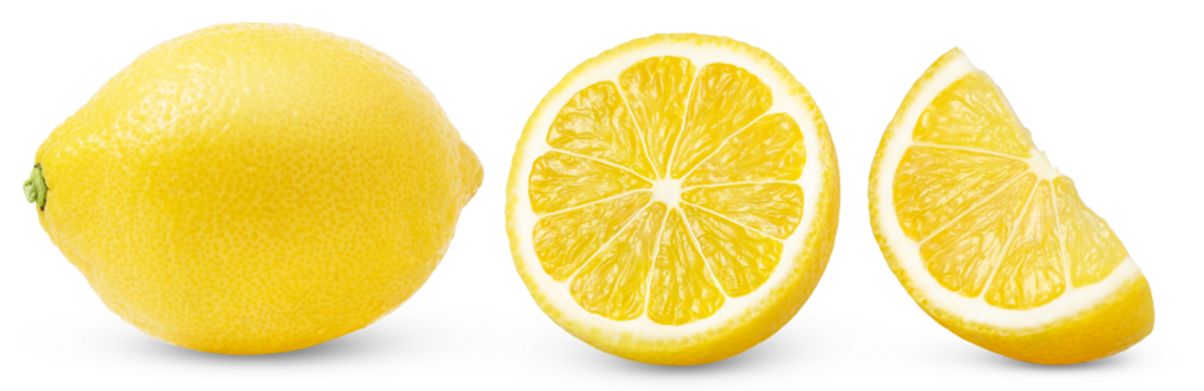 Set of lemon fruits, slice and half isolated on a white background, Collection of fresh juicy lemons, clipping path