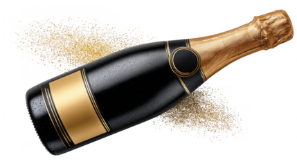 Celebration action champagne bottle popping with glitter festive environment top view