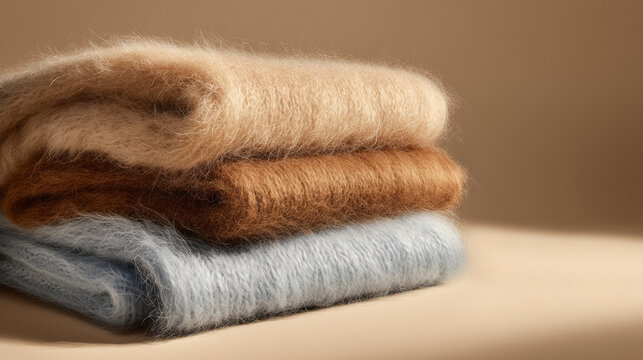 stack of soft mohair and cashmere scarves in neutral tones
