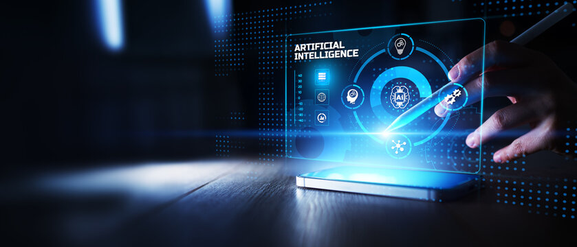 Artificial Intelligence and Machine Learning Technology Interface Displayed on Virtual Touchscreen.