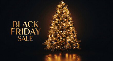 Festive Black Friday sale scene with a Christmas tree, ornaments, and glowing lights, ideal for holiday promotions.