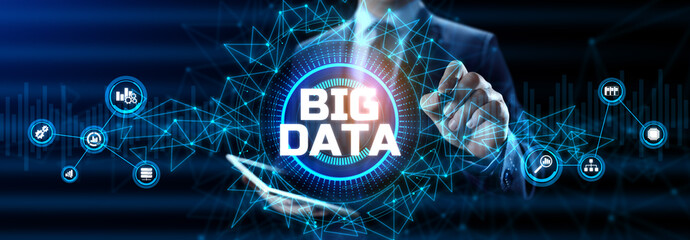Big Data Analysis Analytics internet technology concept. Businessman pressing button on screen.