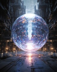 A stunning crystallike holographic sphere shines in a futuristic environment, showcasing innovation and modern design.