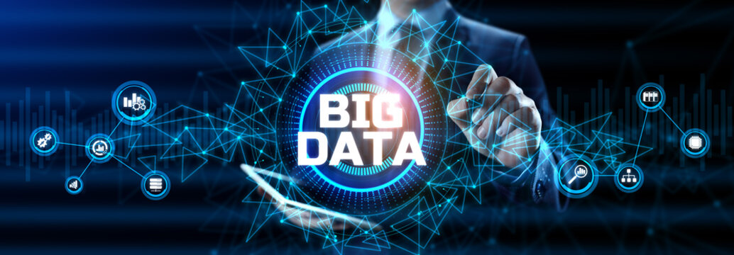 Big Data Analysis Analytics internet technology concept. Businessman pressing button on screen.