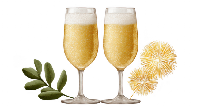 Celebratory champagne toast with golden fireworks white festive photography elegant concept