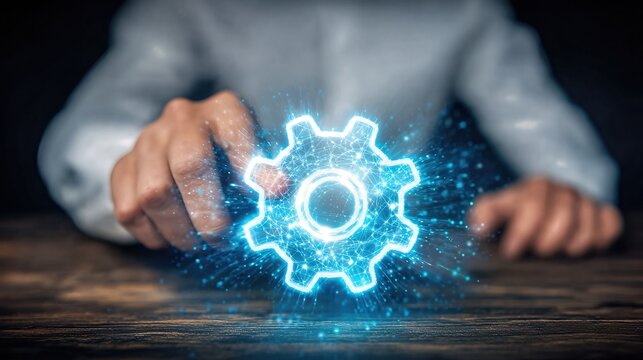 A businessman adjusts glowing holographic gears, symbolizing automation, teamwork, and advanced technology in modern industry