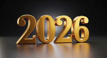 Gold number "2026" on a black background, in a golden font, front view, with a 3D rendering effect, and a solid black color background