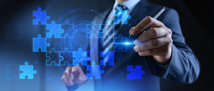 Business Strategy and Global Collaboration Concept with Digital Puzzle Integration.