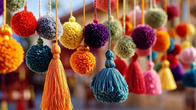 Colorful pom poms and tassels hanging, creating a vibrant, festive atmosphere.