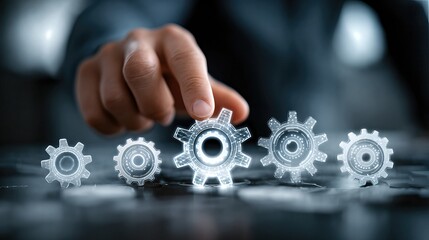 A businessman adjusts glowing holographic gears, symbolizing automation, teamwork, and advanced technology in modern industry