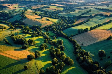 Aerial view of farmland with trees, green fields, and harvested fields. Perfect for agriculture, travel, or showing a peaceful, rural landscape.