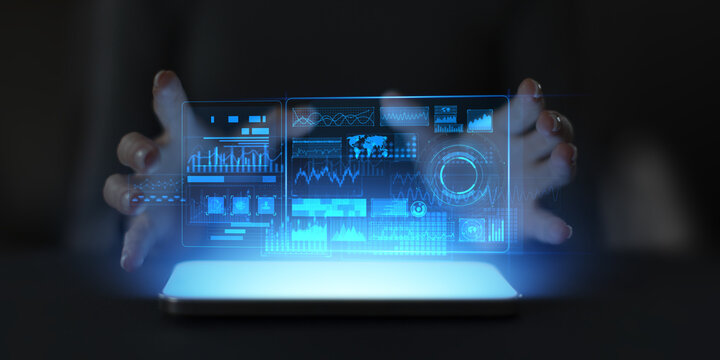 Futuristic Touchscreen Interface with Digital Data Visualization and Analytics Dashboard.