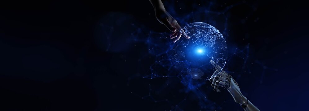 Human and AI Collaboration Depicted in a Digital Network Environment.