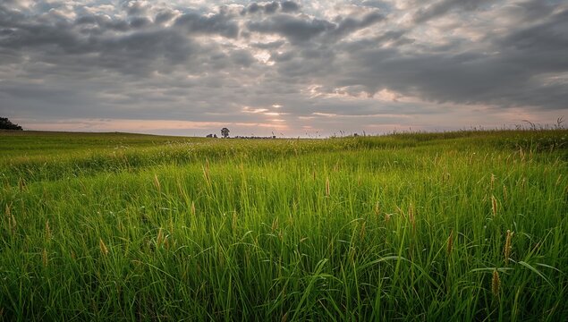 Golden hour sunlight bathes a vast, verdant meadow under a dramatic, cloud-filled sky, evoking peace and natural beauty.
