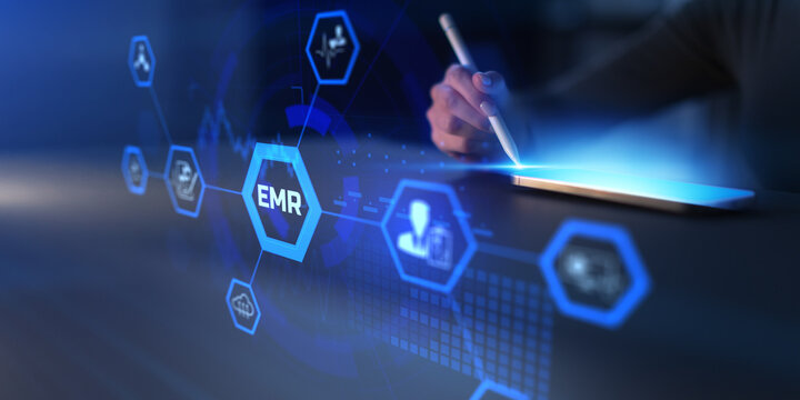 EMR Electronic Medical Records System and Digital Healthcare Data Management Illustrated as Modern Technology Concept.