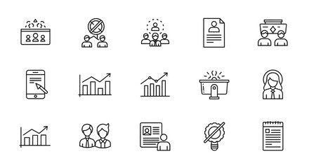 Streamlined Business Icons: A curated collection of crisp, modern icons representing various aspects of business operations, from data analysis and growth projections to human resources and teamwork.