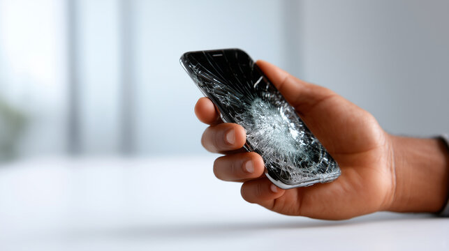 Realistic studio shot of a human hand holding a smartphone with a cracked touch screen, isolated on pure white background. The shattered glass surface shows visible cracks radiatin