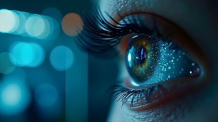 Futuristic Close-Up of Human Eye with Galaxy Reflection and Blue Bokeh Lights
