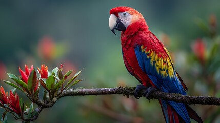 A vibrant scarlet macaw perched on a branch with red flowers in a lush green environment setting outdoors