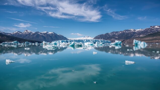 Majestic glacier calving into turquoise glacial lake surrounded by snow-capped mountains under a vibrant blue sky