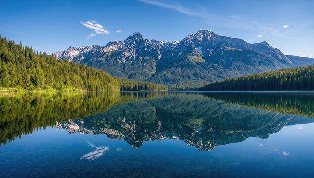 Stunning mountain range perfectly reflected on a crystal clear lake surrounded by lush green pine forest under a vibrant blue sky