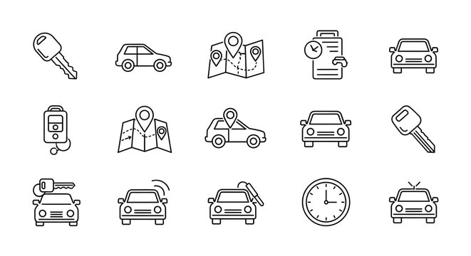 Automotive Essentials: Streamlined icons depicting the fundamental aspects of car ownership, from keys and navigation to maintenance and time management.