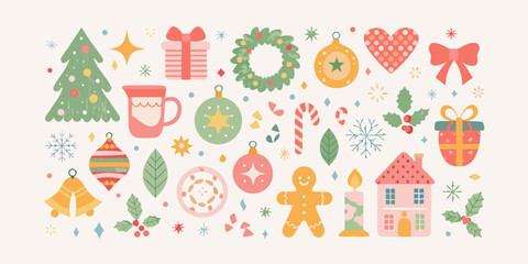 Whimsical flat design christmas elements collection featuring ornaments gifts tree and gingerbread man
