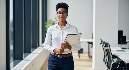 Confident Woman in Office Environment Holding Document Folder