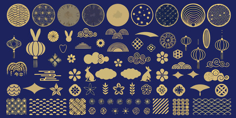 Collection of golden asian inspired decorative elements and patterns on a dark blue background