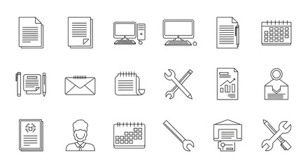 Business Icon Set: A minimalistic collection of business-related icons, each representing essential tools, documents, and resources for professional endeavors. This set is ideal for web design.