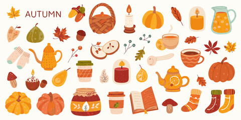 Cozy autumn collection of seasonal elements including pumpkins hot drinks and fall leaves