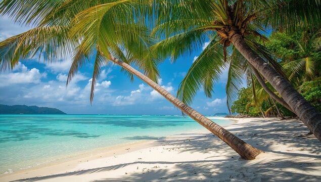 Escape to paradise with stunning turquoise waters and lush palm trees framing a pristine white sand beach under a bright blue sky - Powered by Adobe