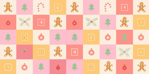 Cute christmas advent calendar pattern with gingerbread men trees candy canes and ornaments