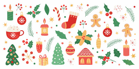 Obraz premium A charming collection of festive christmas elements including trees ornaments gingerbread men and candles