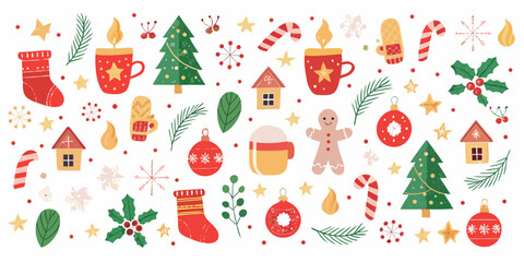 Charming christmas holiday elements pattern with festive decorations and winter symbols