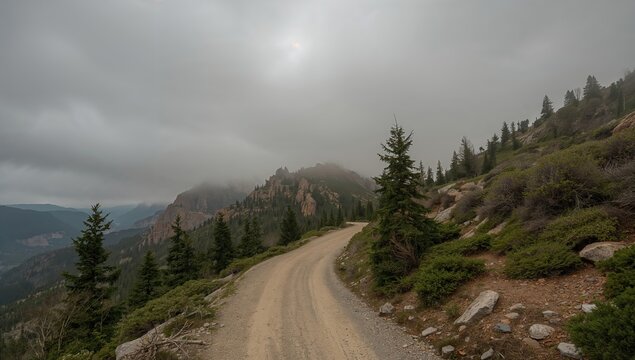 Embark on an epic mountain adventure down a winding dirt road surrounded by rugged terrain and misty skies, inviting exploration and discovery.