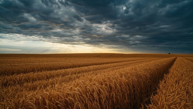 Golden wheat field bathed in dramatic sunbeams breaking through stormy skies, evoking harvest abundance and natural beauty. - Powered by Adobe