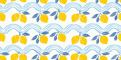 Seamless pattern of yellow lemons on branches with blue leaves and wavy lines on a white background