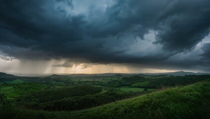 Naklejka premium Dramatic storm clouds gather over lush green rolling hills as rain streaks down onto a distant valley, creating a powerful natural scene.