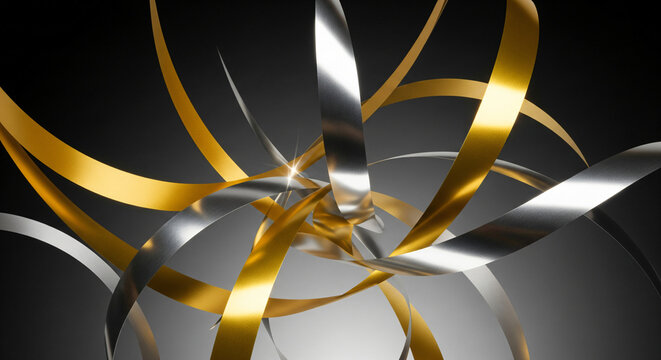 Elegant black background with gold and silver ribbons, luxury and celebration themes.